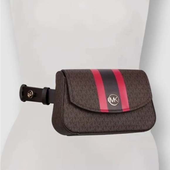 Michael Kors Brown Signature Leather Stripe Waist Fanny Belt Bag S/M - Picture 10 of 13